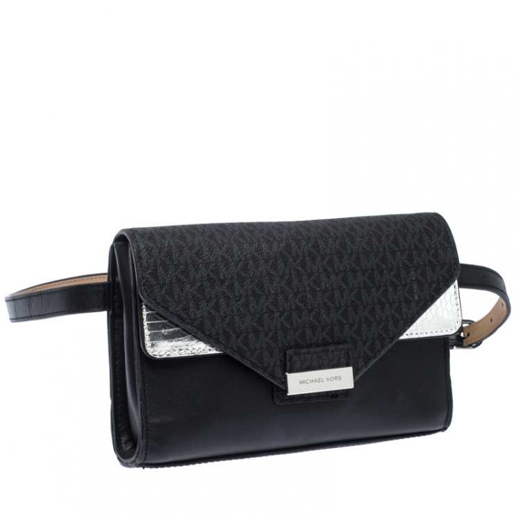 Pre Owned Michael Kors Black/Silver Signature Canvas and Python Embossed Leather Fanny Pack Belt Bag