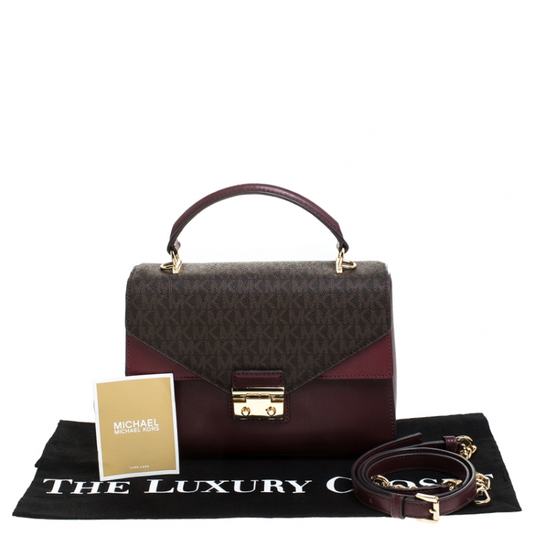 Pre Owned Michael Kors Burgunady/Brown Leather and Coated Canvas Sloan Top Handle Bag