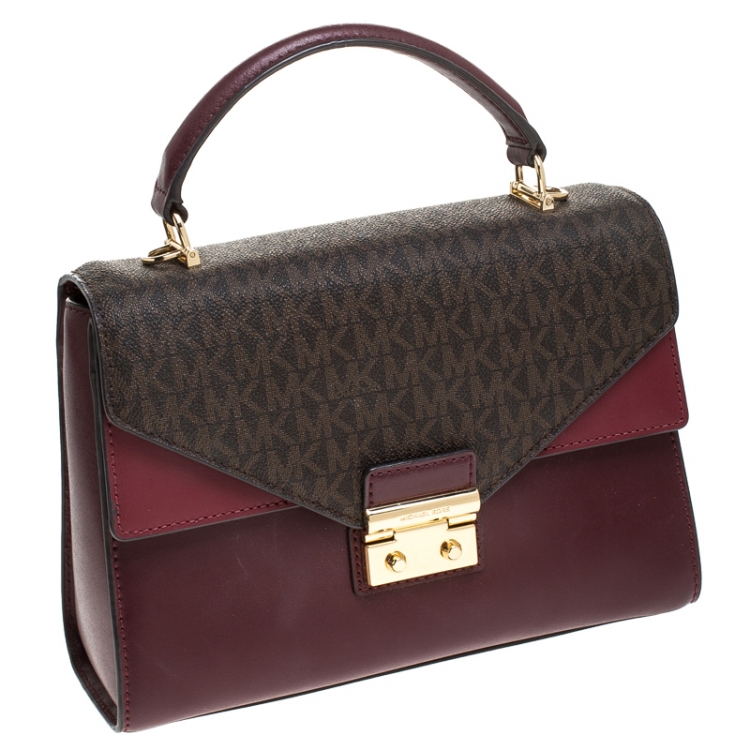 Pre Owned Michael Kors Burgunady/Brown Leather and Coated Canvas Sloan Top Handle Bag