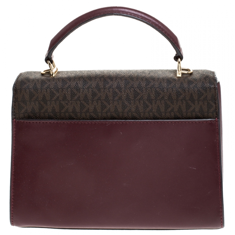 Pre Owned Michael Kors Burgunady/Brown Leather and Coated Canvas Sloan Top Handle Bag