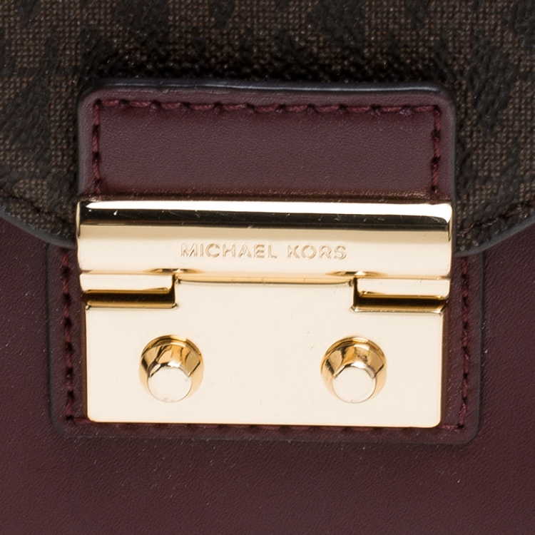 Pre Owned Michael Kors Burgunady/Brown Leather and Coated Canvas Sloan Top Handle Bag