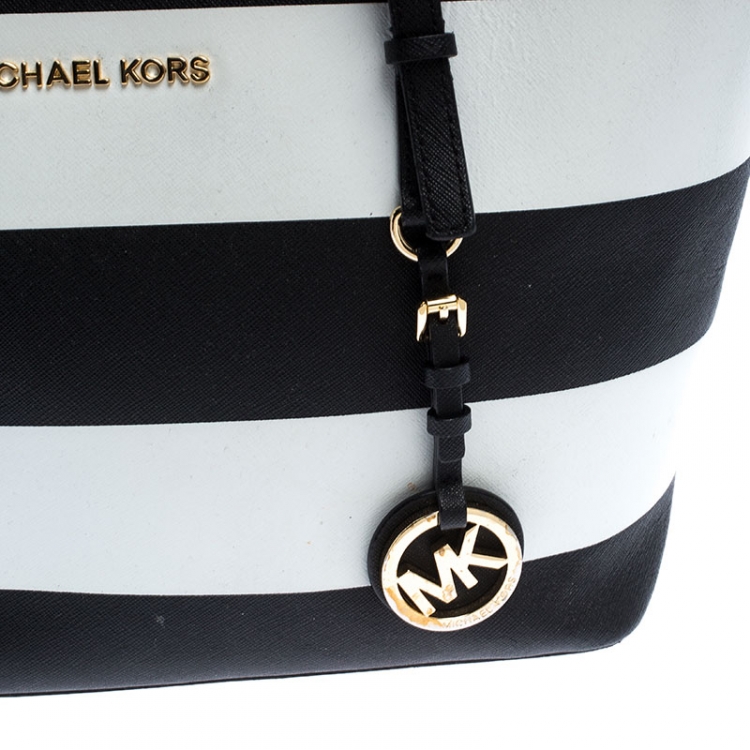 Pre Owned Michael Kors Black/White Stripe Saffiano Leather Small Jet Set Tote