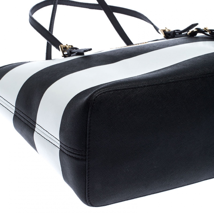Pre Owned Michael Kors Black/White Stripe Saffiano Leather Small Jet Set Tote