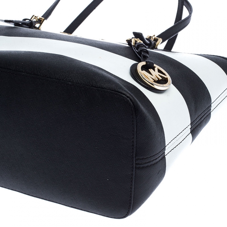 Pre Owned Michael Kors Black/White Stripe Saffiano Leather Small Jet Set Tote