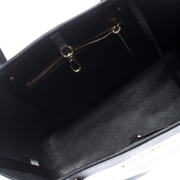 Pre Owned Michael Kors Black/White Stripe Saffiano Leather Small Jet Set Tote