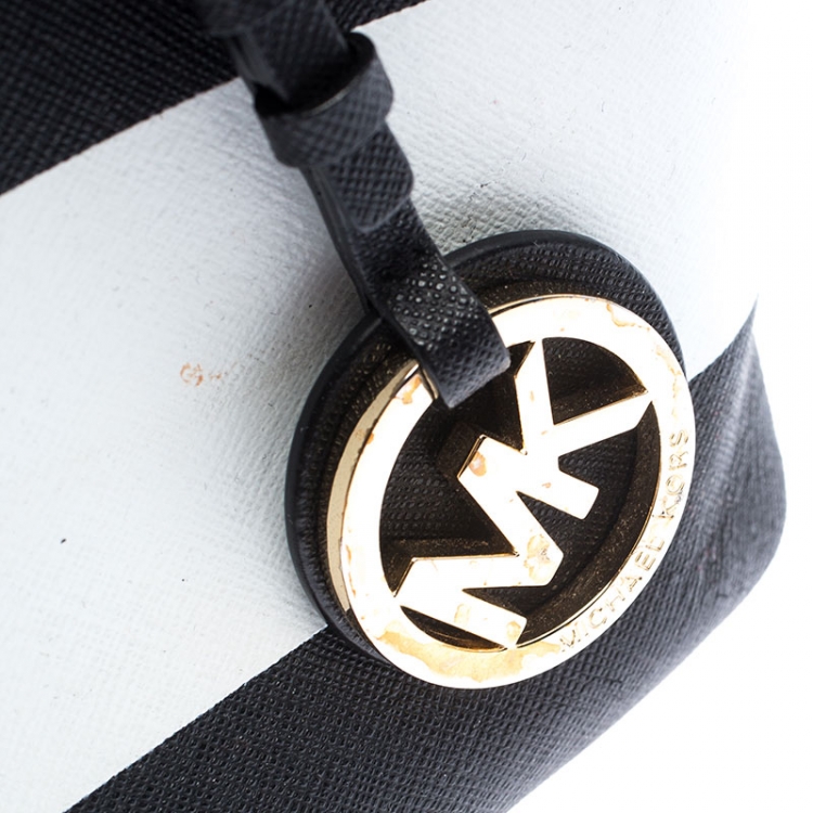 Pre Owned Michael Kors Black/White Stripe Saffiano Leather Small Jet Set Tote