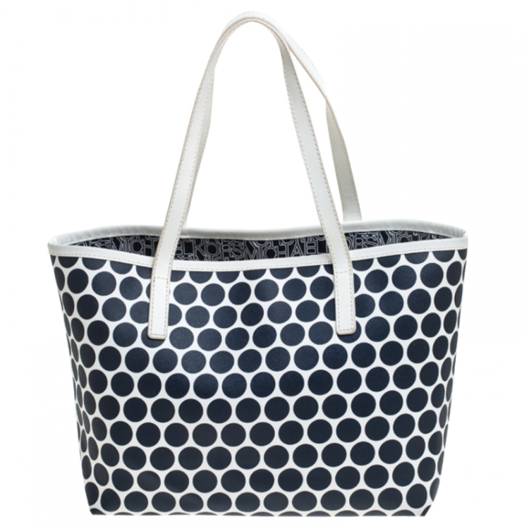 Pre Owned MICHAEL Michael Kors Blue/White Polka Dot Coated Canvas Small Travel Tote