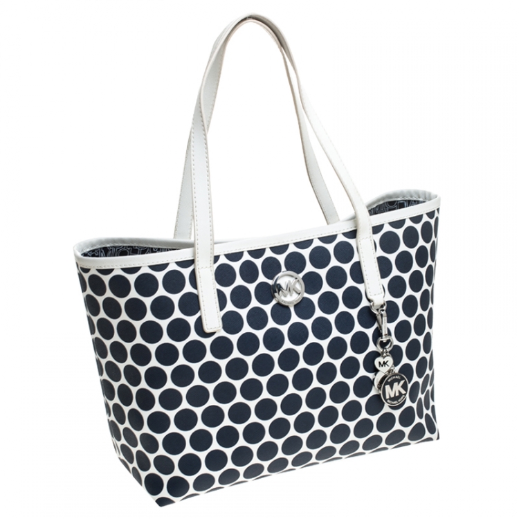 Pre Owned MICHAEL Michael Kors Blue/White Polka Dot Coated Canvas Small Travel Tote