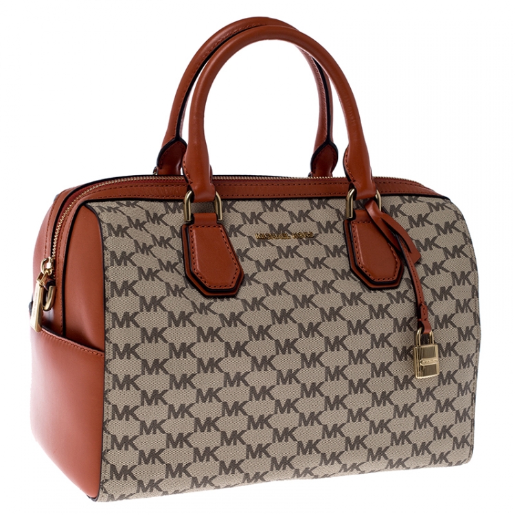 Pre Owned  Michael Kors Beige/Orange Signature Coated Canvas and Leather Medium Mercer Duffel Bag