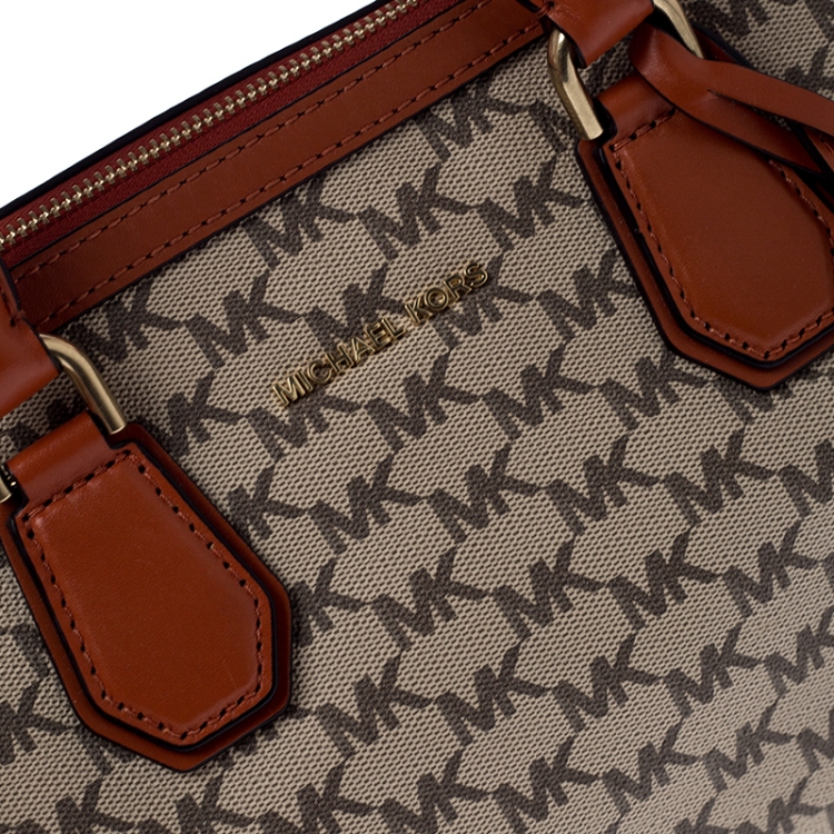 Pre Owned  Michael Kors Beige/Orange Signature Coated Canvas and Leather Medium Mercer Duffel Bag