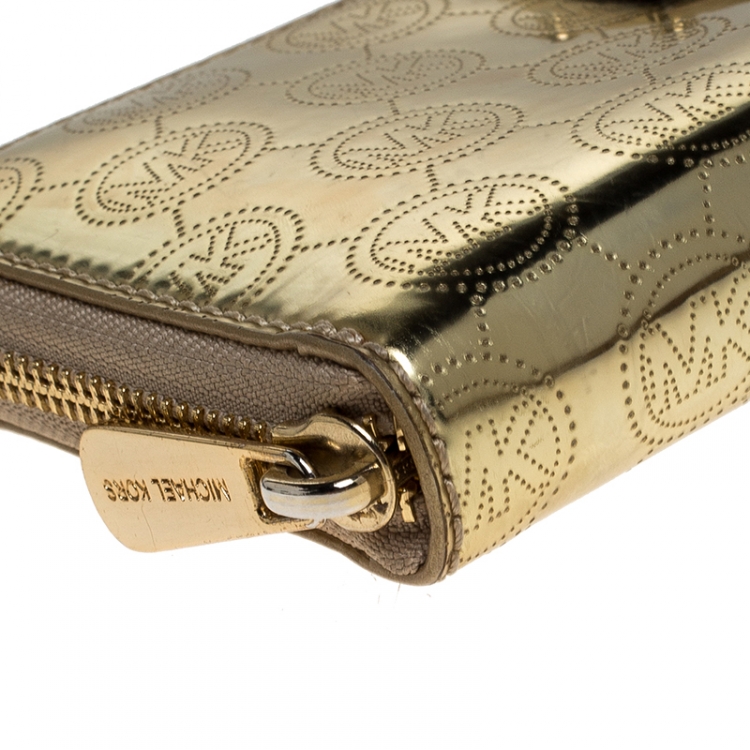 Pre Owned Michael Kors Gold Monogram Patent Leather Jet Set Zip Around Wallet
