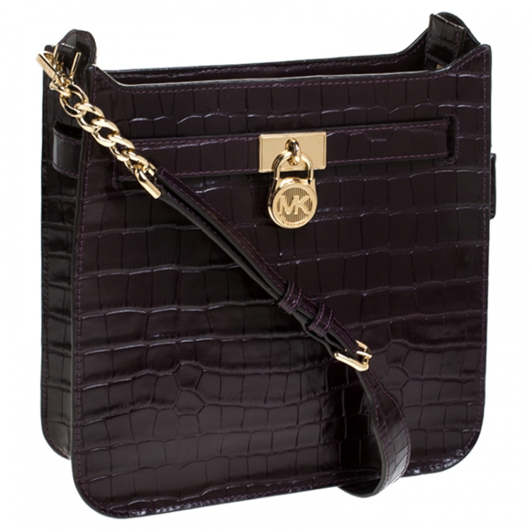 Pre Owned Michael Kors Dark Purple Crocodile Embossed Leather Hamilton Shoulder Bag