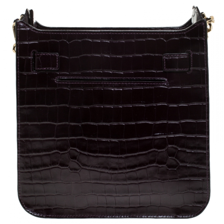 Pre Owned Michael Kors Dark Purple Crocodile Embossed Leather Hamilton Shoulder Bag