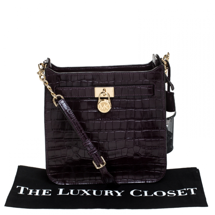 Pre Owned Michael Kors Dark Purple Crocodile Embossed Leather Hamilton Shoulder Bag