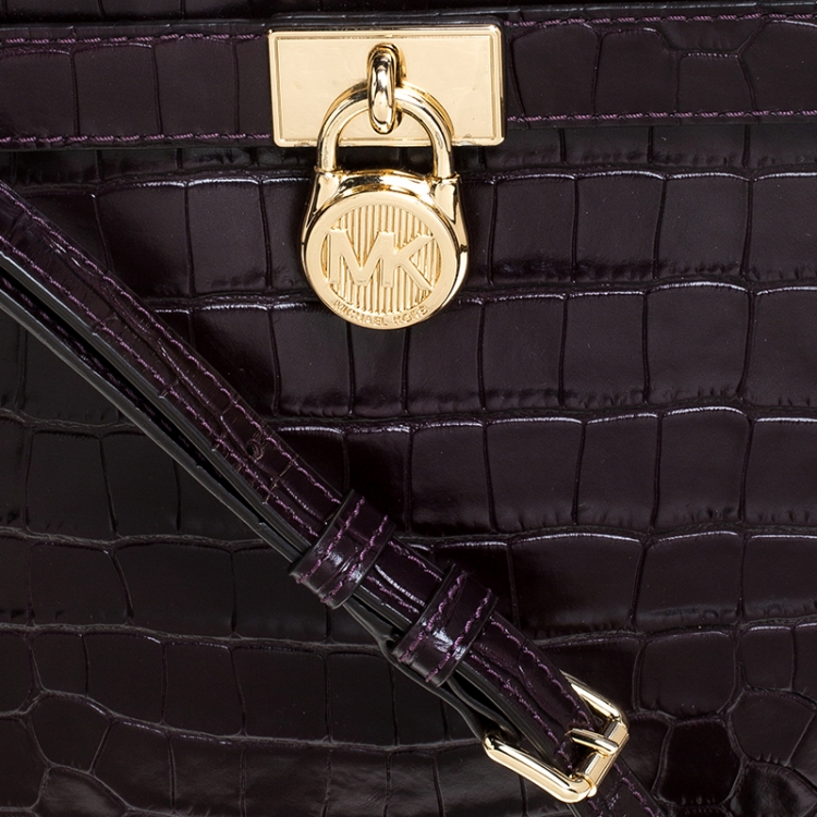 Pre Owned Michael Kors Dark Purple Crocodile Embossed Leather Hamilton Shoulder Bag