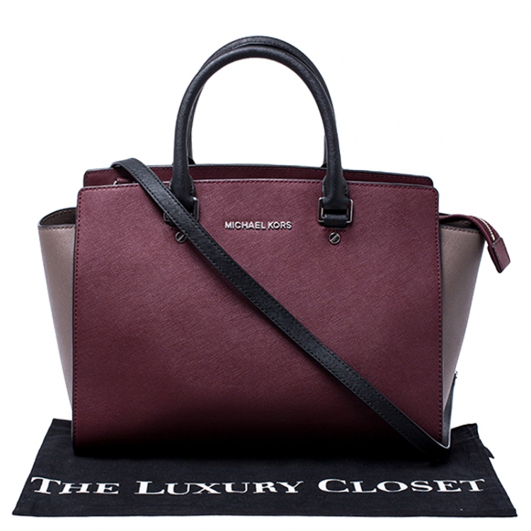 Pre Owned Michael Kors Burgundy/Grey Saffiano Leather Medium Selma Tote