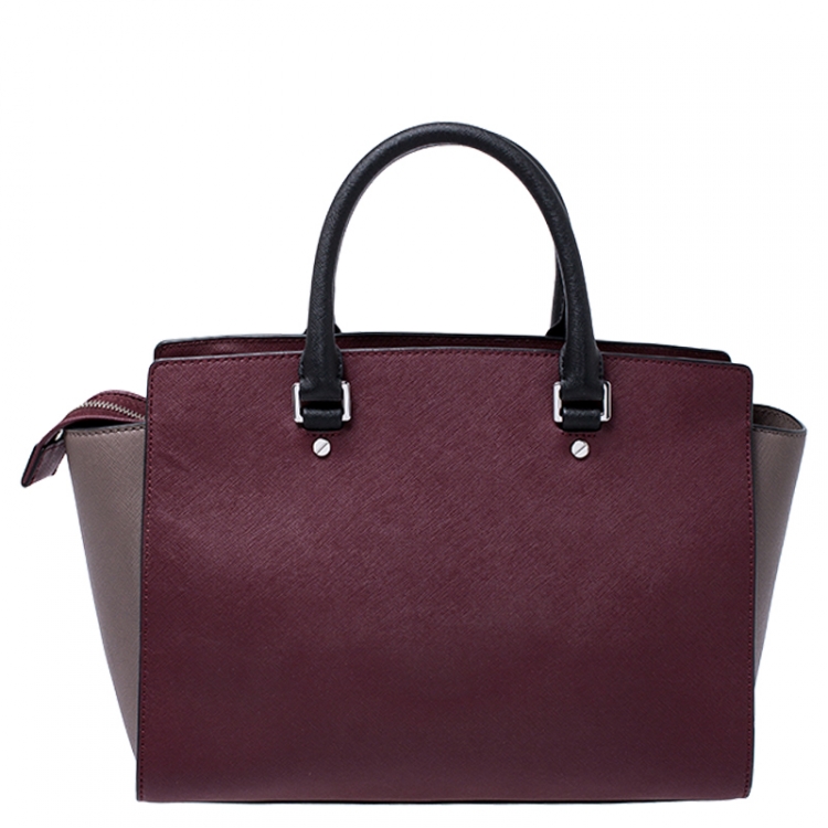 Pre Owned Michael Kors Burgundy/Grey Saffiano Leather Medium Selma Tote