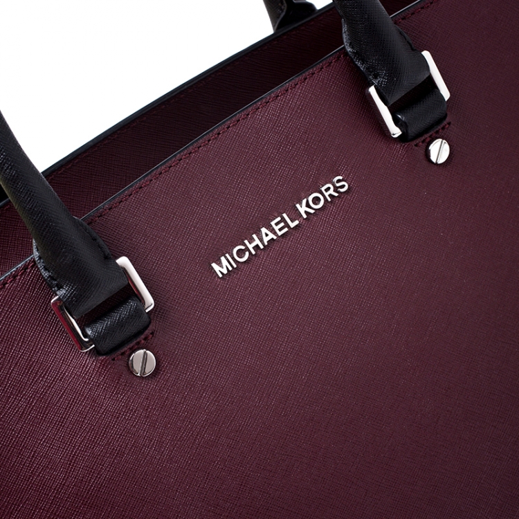 Pre Owned Michael Kors Burgundy/Grey Saffiano Leather Medium Selma Tote