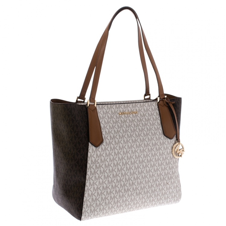 Pre Owned MICHAEL KORS Beige/Brown Monogram Coated Canvas Kimberly Top Zip Shopper Tote 