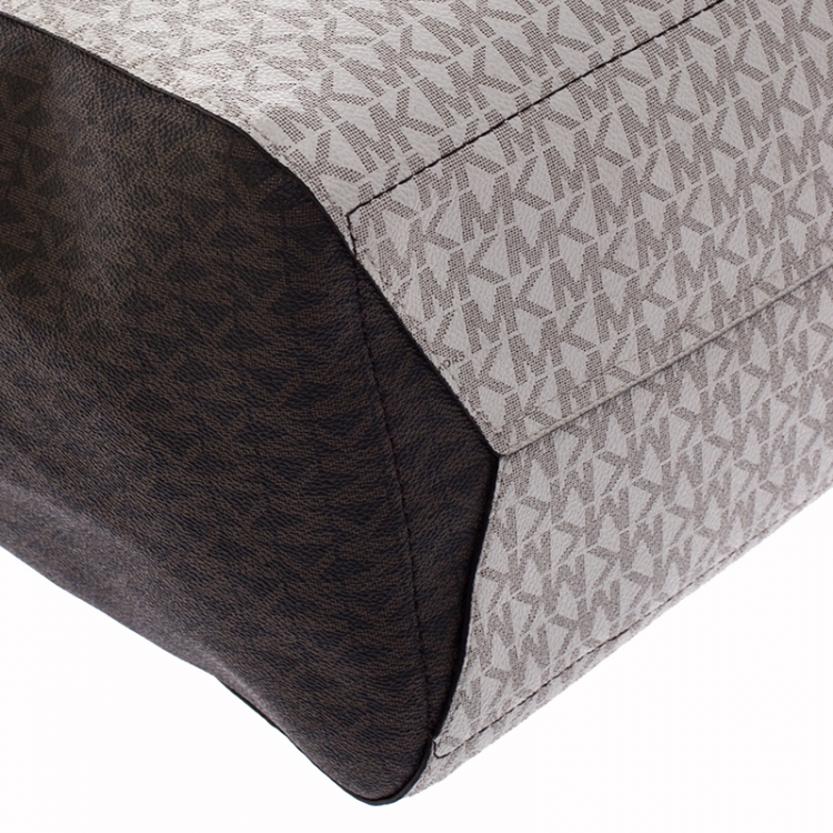 Pre Owned MICHAEL KORS Beige/Brown Monogram Coated Canvas Kimberly Top Zip Shopper Tote 