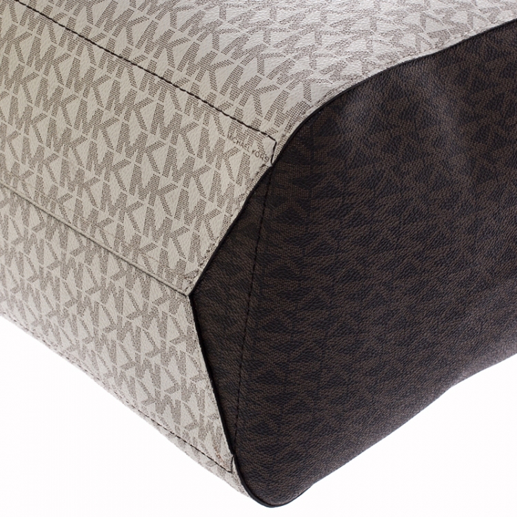 Pre Owned MICHAEL KORS Beige/Brown Monogram Coated Canvas Kimberly Top Zip Shopper Tote 