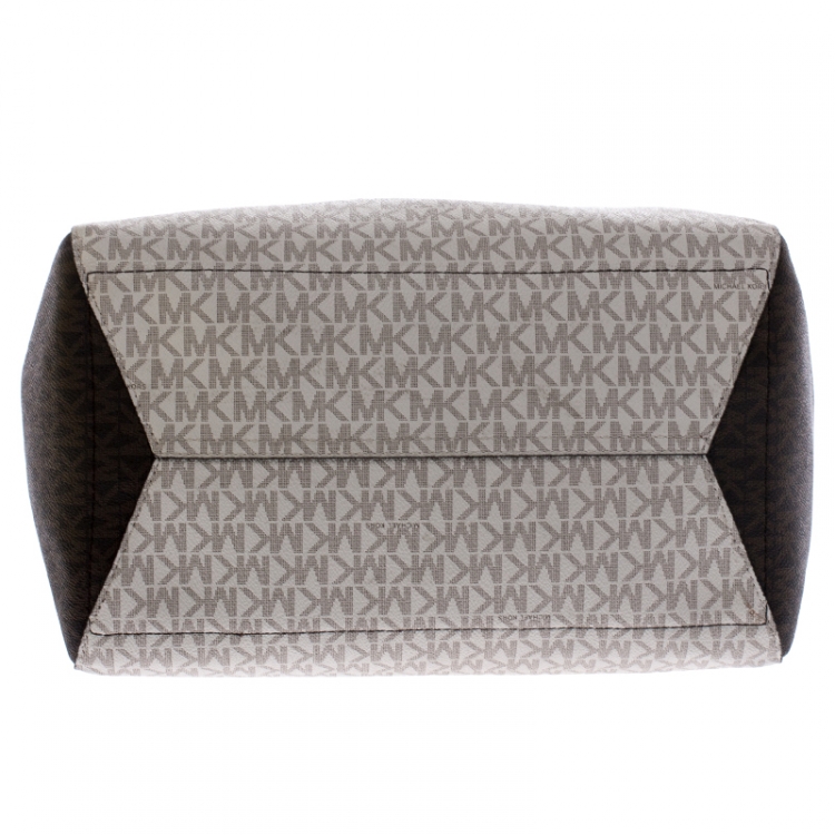 Pre Owned MICHAEL KORS Beige/Brown Monogram Coated Canvas Kimberly Top Zip Shopper Tote 