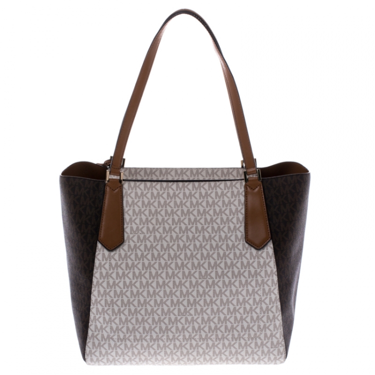 Pre Owned MICHAEL KORS Beige/Brown Monogram Coated Canvas Kimberly Top Zip Shopper Tote 