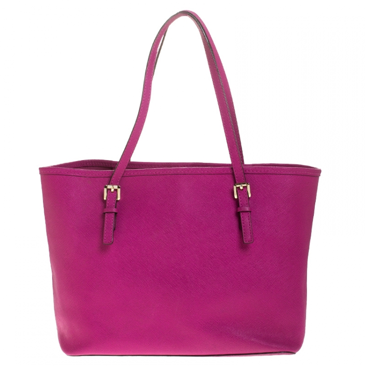 Pre Owned Michael Michael Kors Hot Pink Saffiano Leather Small Jet Set Travel Tote