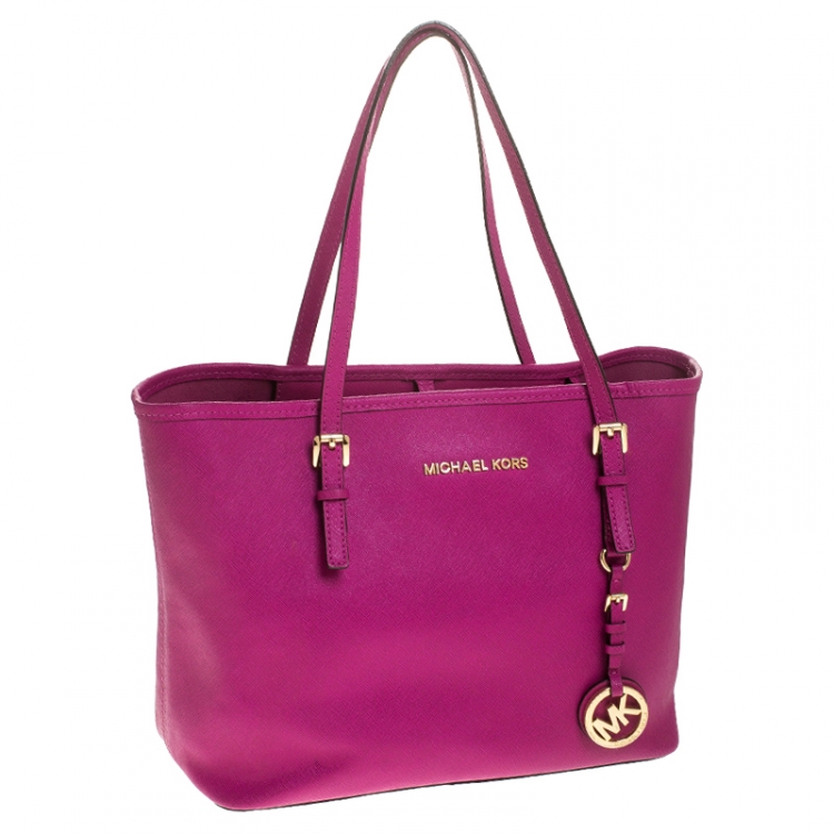 Pre Owned Michael Michael Kors Hot Pink Saffiano Leather Small Jet Set Travel Tote
