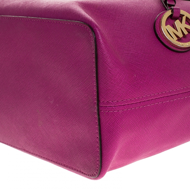 Pre Owned Michael Michael Kors Hot Pink Saffiano Leather Small Jet Set Travel Tote