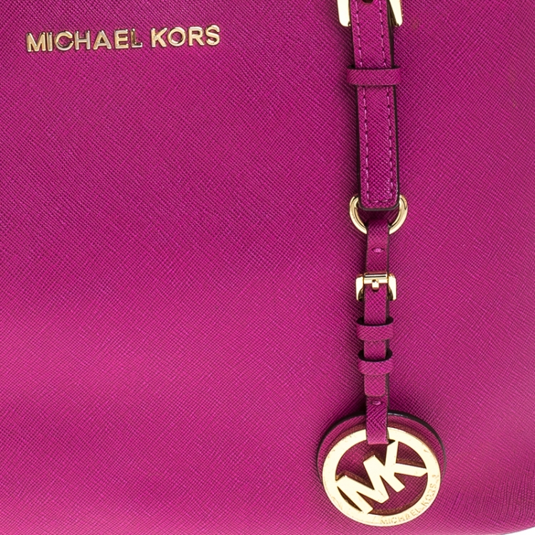 Pre Owned Michael Michael Kors Hot Pink Saffiano Leather Small Jet Set Travel Tote