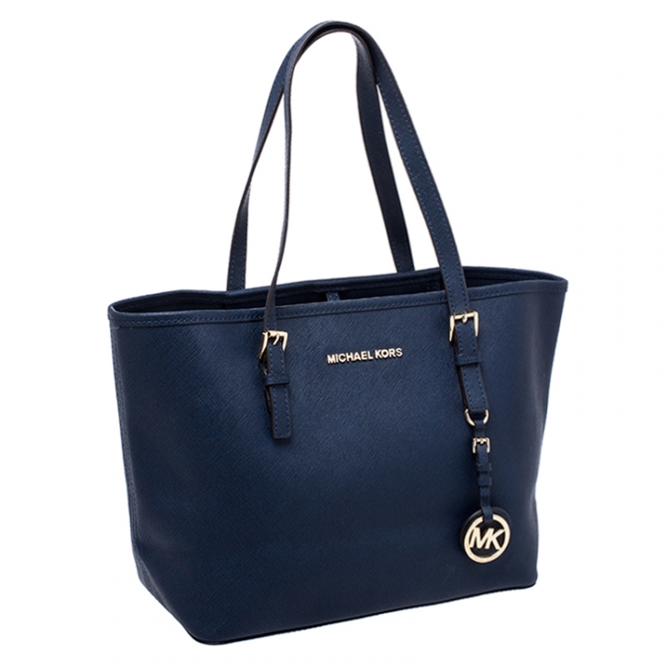 Pre Owned Michael Kors Navy Blue Saffiano Leather Small Jet Set Travel Tote