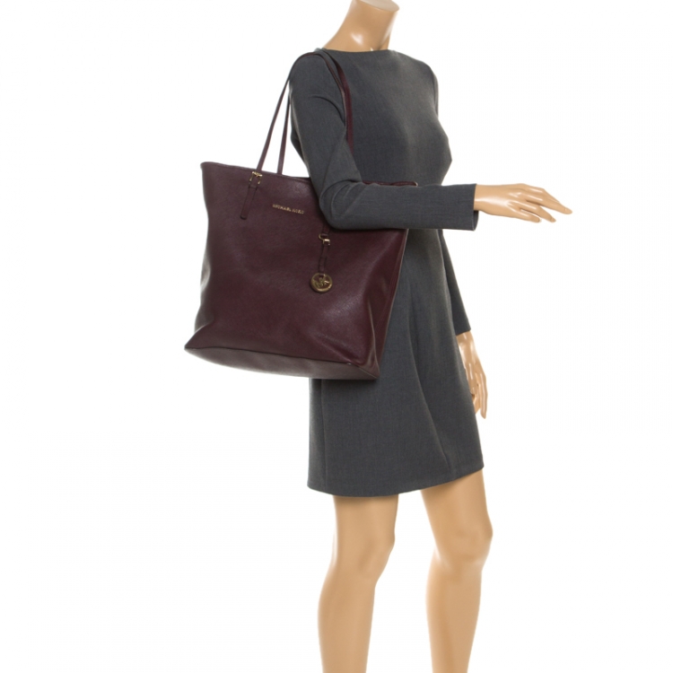 Pre Owned Michael Kors Burgundy Leather Jet Set Shopper Tote