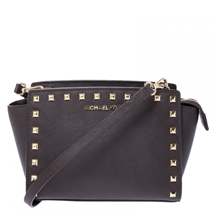 Michael Kors Dark Brown Studded Saffiano Leather Selma Crossbody Bag  Michael Kors | The Luxury Closet