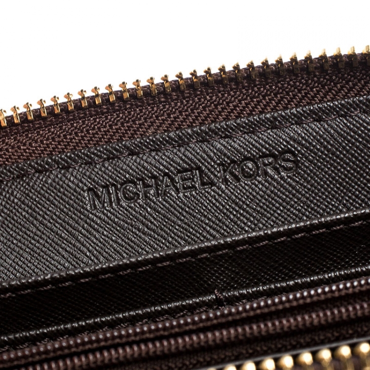 Pre Owned Michael Kors Brown Signature Coated Canvas Zip Around Wallet