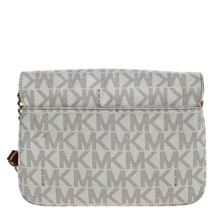 Pre Owned Michael Kors White/Brown Monogram Coated Canvas Crossbody Bag