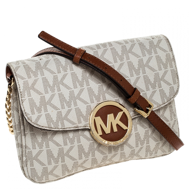 Pre Owned Michael Kors White/Brown Monogram Coated Canvas Crossbody Bag