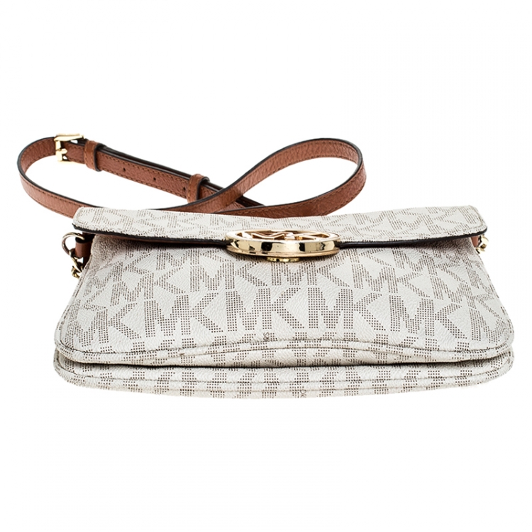 Pre Owned Michael Kors White/Brown Monogram Coated Canvas Crossbody Bag