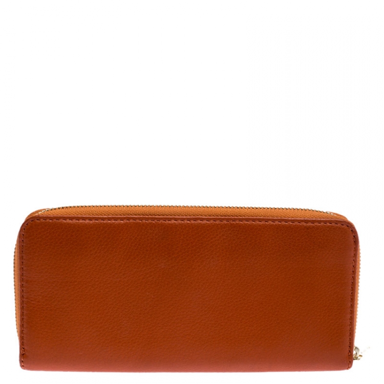 Pre Owned Michael Kors Orange Leather Zipped Around Wallet 