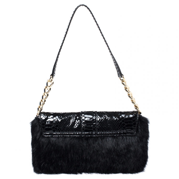 Pre Owned Michael Kors Black Python Embossed Leather and Faux Fur Fulton Shoulder Bag