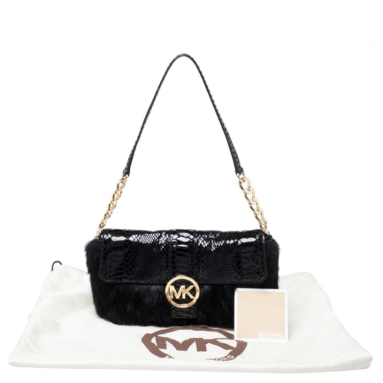 Pre Owned Michael Kors Black Python Embossed Leather and Faux Fur Fulton Shoulder Bag