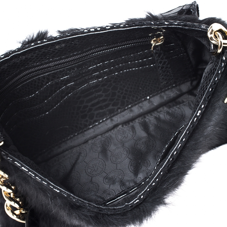 Pre Owned Michael Kors Black Python Embossed Leather and Faux Fur Fulton Shoulder Bag