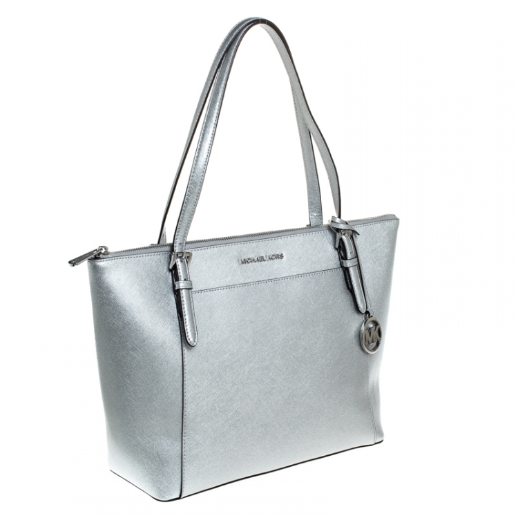 Pre Owned Michael Kors Metallic Silver Leather Ciara Tote
