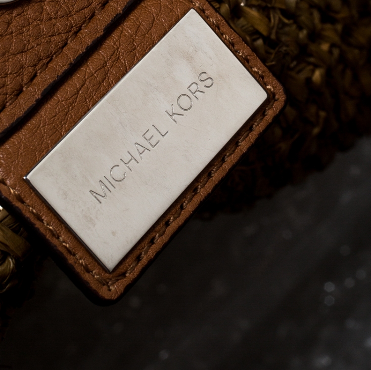 Pre Owned Michael Kors Brown Raffia and Leather Santorini Fold Over Clutch