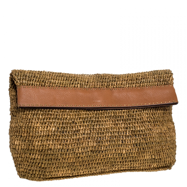 Pre Owned Michael Kors Brown Raffia and Leather Santorini Fold Over Clutch