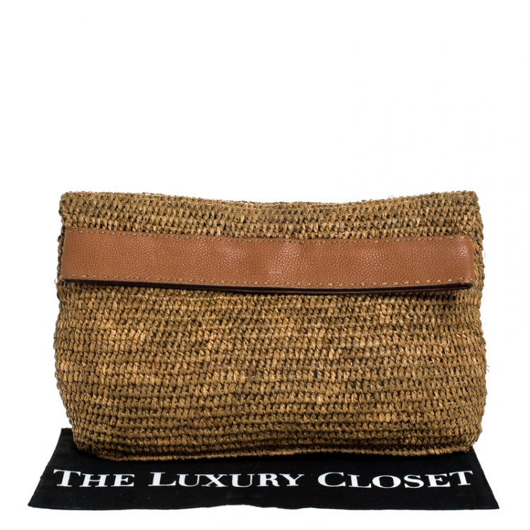 Pre Owned Michael Kors Brown Raffia and Leather Santorini Fold Over Clutch