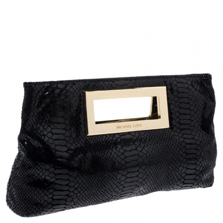 Pre Owned Michael Kors Black Glazed Python Embossed Leather Berkley Clutch