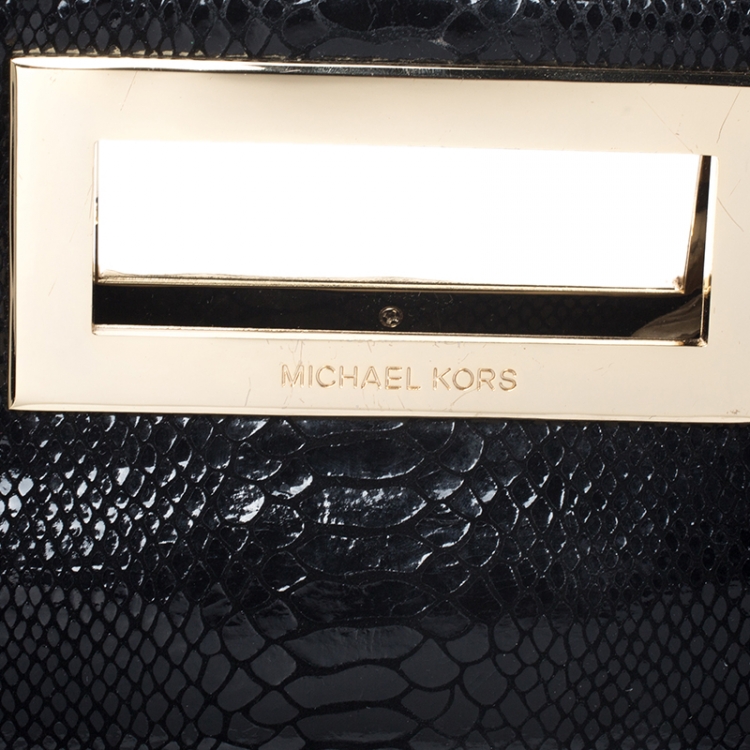 Pre Owned Michael Kors Black Glazed Python Embossed Leather Berkley Clutch