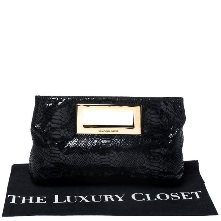 Pre Owned Michael Kors Black Glazed Python Embossed Leather Berkley Clutch