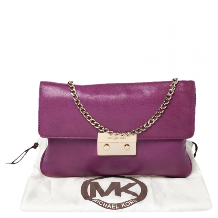 Pre Owned Michael Kors Purple Leather Flap Shoulder Bag